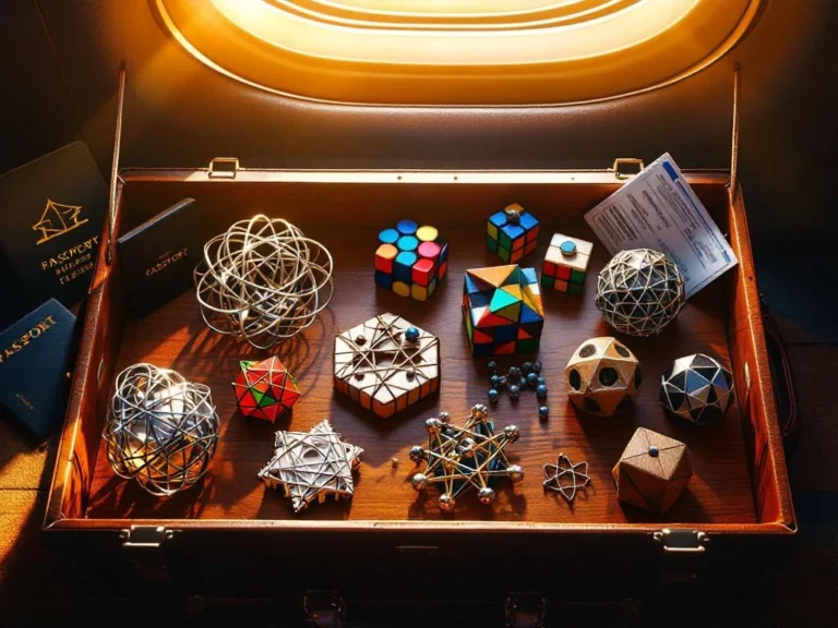 Seven diverse brain teaser puzzles and Rubik's cubes arranged in vintage leather suitcase with travel documents and sunlight.