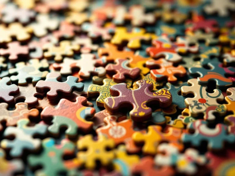 Jigsaw puzzle pieces in various stages of assembly with vibrant colors, some interlocked and others scattered nearby.