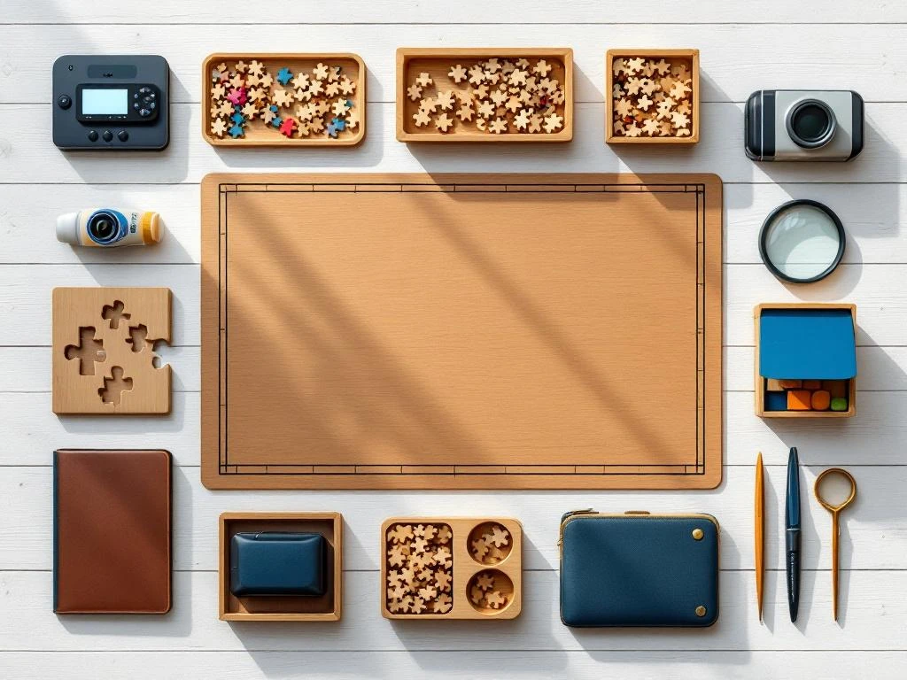 Puzzle accessories arranged in circle on white wood surface including mat, sorting trays, timer, magnifying glass and glue