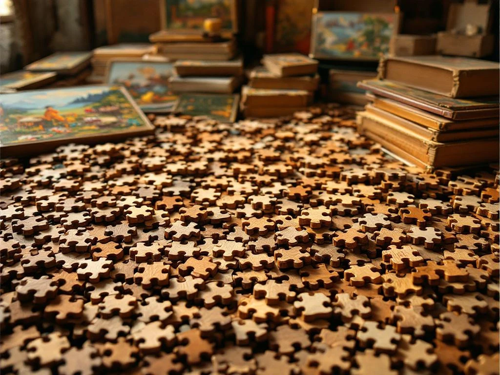 Collection of vintage jigsaw puzzles in various stages of completion with wooden pieces, colorful landscapes, and organized sorting piles.