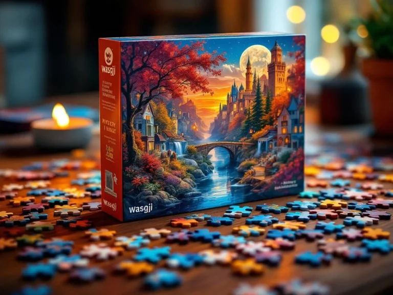 Wasgij jigsaw puzzle box met verspreide puzzelstukjes op houten tafel, toont mysterie concept met verschillende afbeeldingen