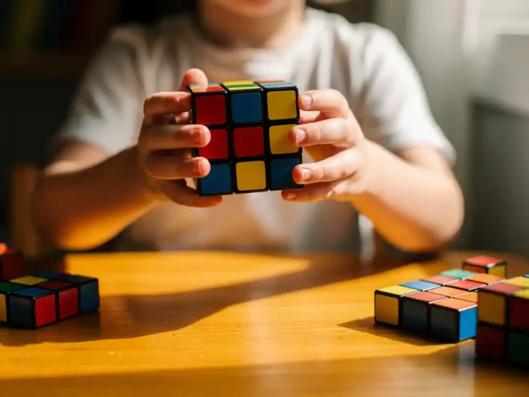Kind houdt kleurrijke Rubik's kubus vast aan houten speeltafel met puzzels in zacht natuurlijk licht