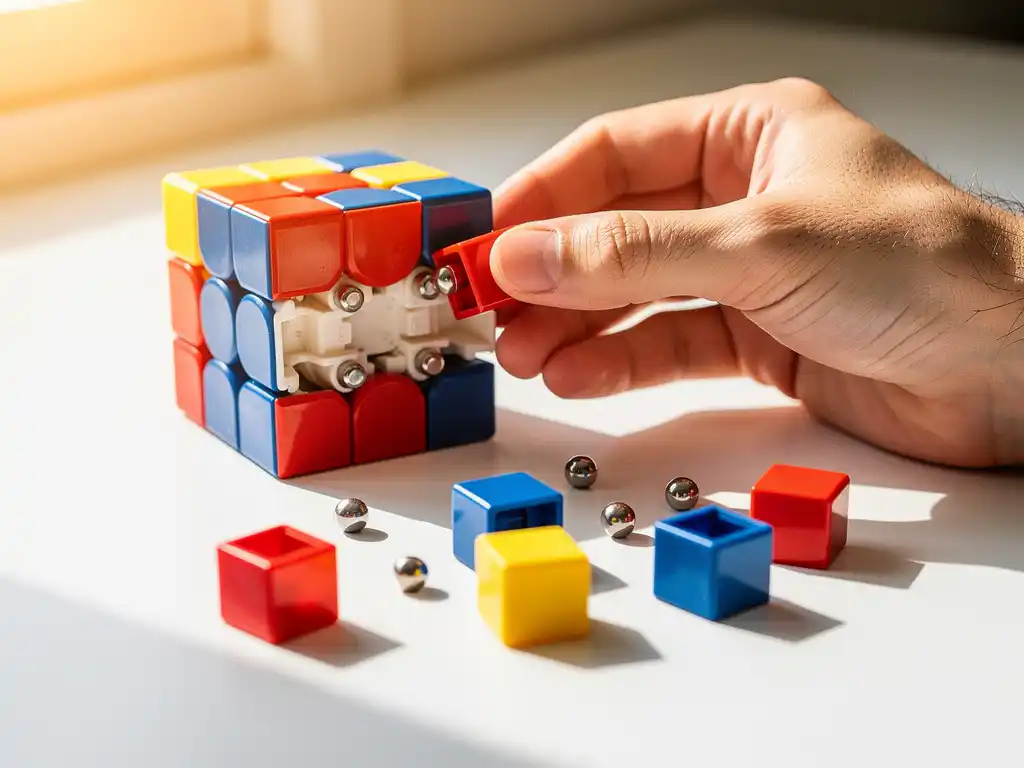 Gedemonteerde 3x3 speedcube met zichtbare magnetische onderdelen en zwevende metalen magneetjes op wit bureau