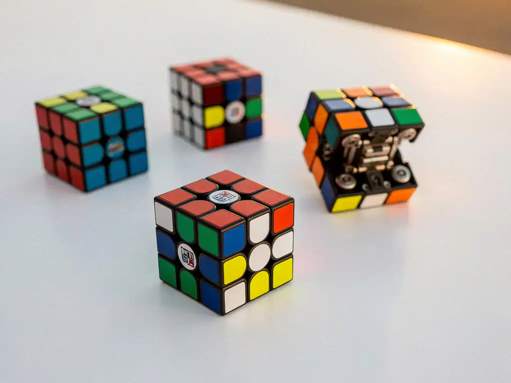 Vijf premium magnetische speedcubes in spiraalpatroon op witte ondergrond, levendige kleuren met glanzende stickers in gouden licht