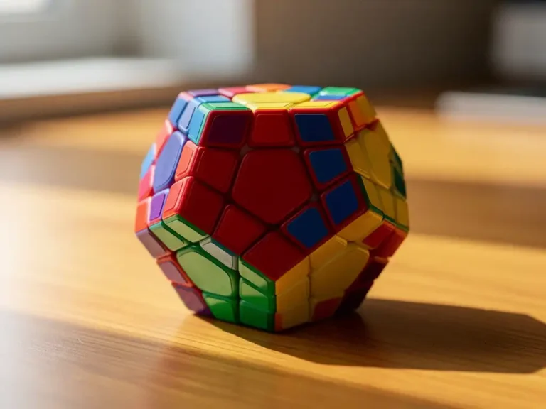Kleurrijke Megaminx puzzel met twaalf vijfhoekige vlakken in regenboogkleuren op houten bureau met zachte schaduw