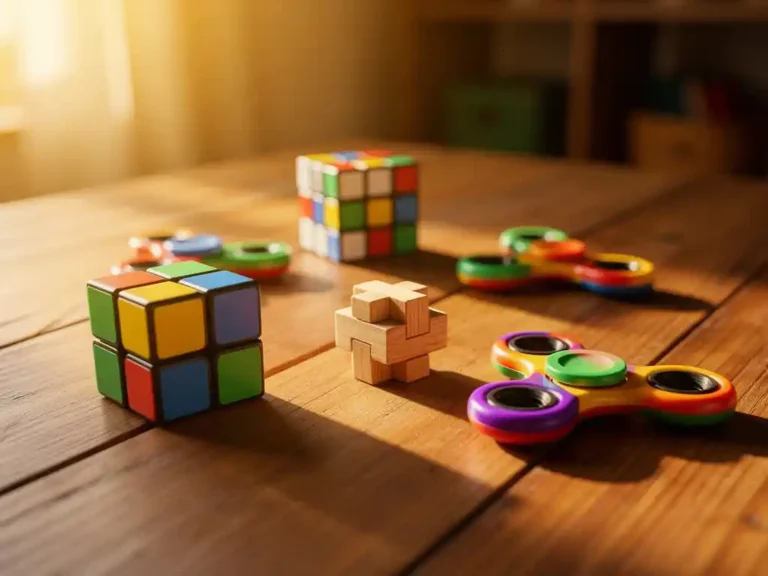 Zes kleurrijke beginnersvriendelijke puzzels gerangschikt in boog op warme houten ondergrond met zachte verlichting