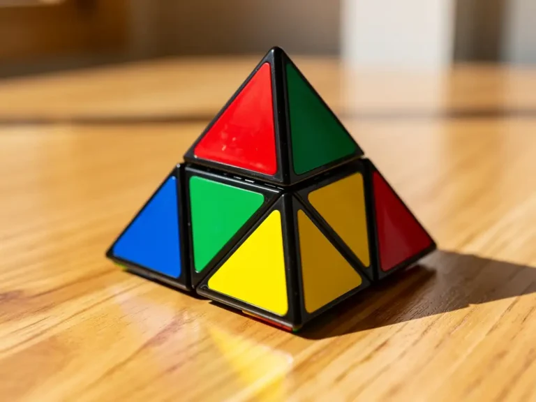 Kleurrijke tetraëdervormige Pyraminx puzzel op houten oppervlak met rode, groene, blauwe en gele stickers