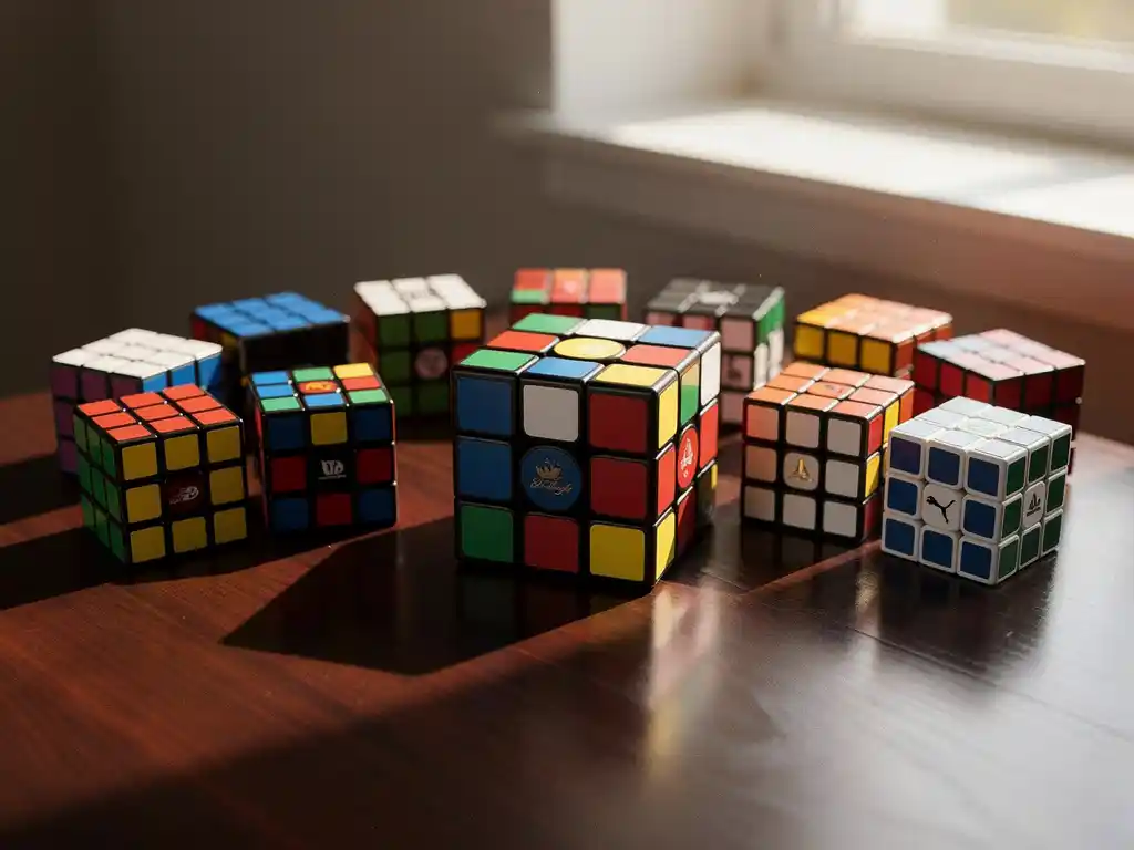 Premium Rubik's kubussen in halve cirkel gerangschikt op gepolijst houten oppervlak, elk met unieke kleurenschema's en afwerkingen