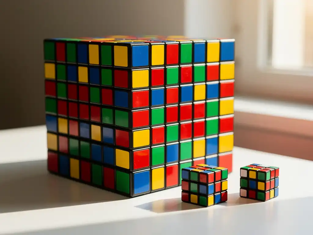 Gigantische 17x17x17 Rubik's kubus naast kleinere 3x3 kubussen op wit bureau, warme natuurlijke belichting toont kleurrijke geometrische patronen