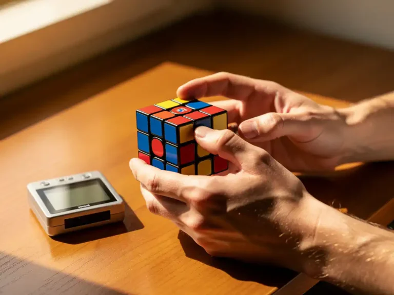 Handen houden kleurrijke 3x3 Rubik's kubus tijdens het oplossen op houten bureau met timer in warm zonlicht