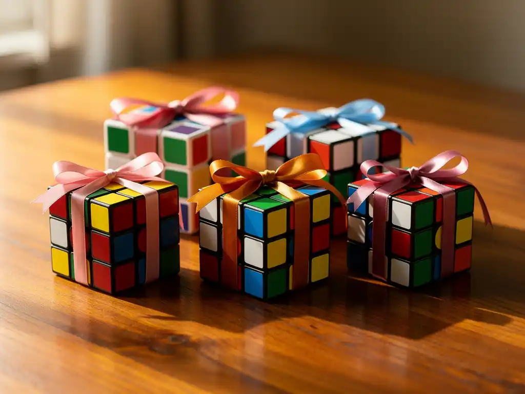 Vijf kleurrijke Rubik's kubussen met satijnen linten op houten oppervlak in natuurlijk licht