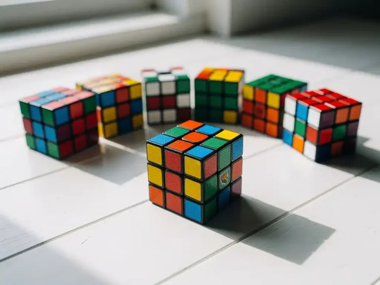 Tien kleurrijke Rubik's kubussen gerangschikt in een boog op wit houten oppervlak met natuurlijk licht en zachte schaduwen