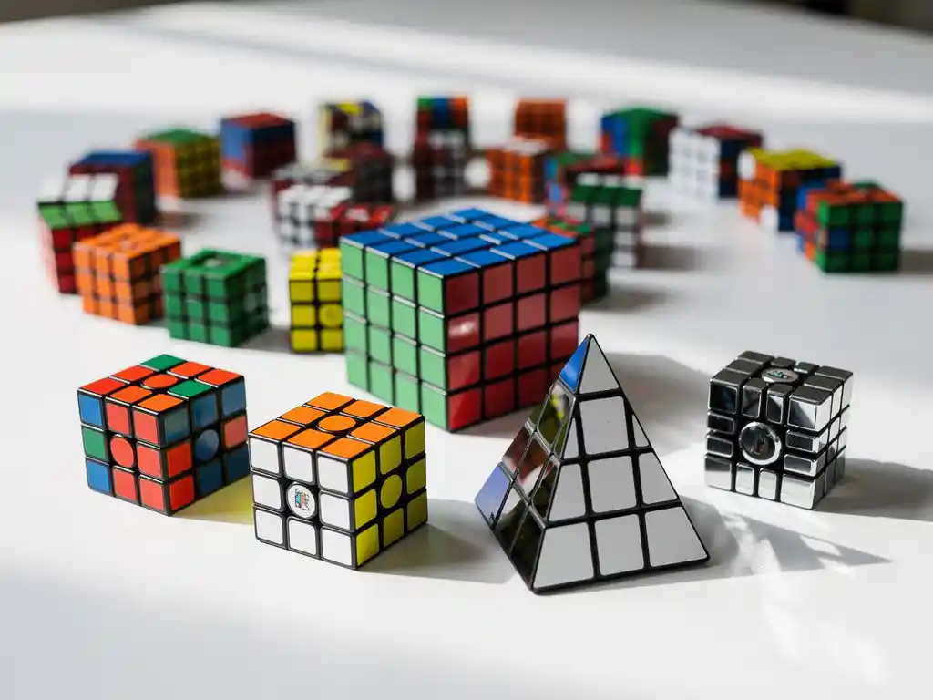 Diverse Rubik's kubussen in spiraalvorm gerangschikt op witte ondergrond, inclusief 3x3, 2x2, 4x4, piramide en spiegelkubus