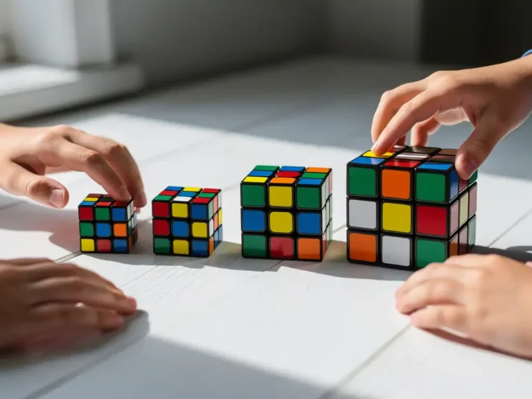 Vijf kleurrijke Rubik's kubussen in oplopende grootte op wit houten oppervlak, met handen die naar verschillende kubussen reiken