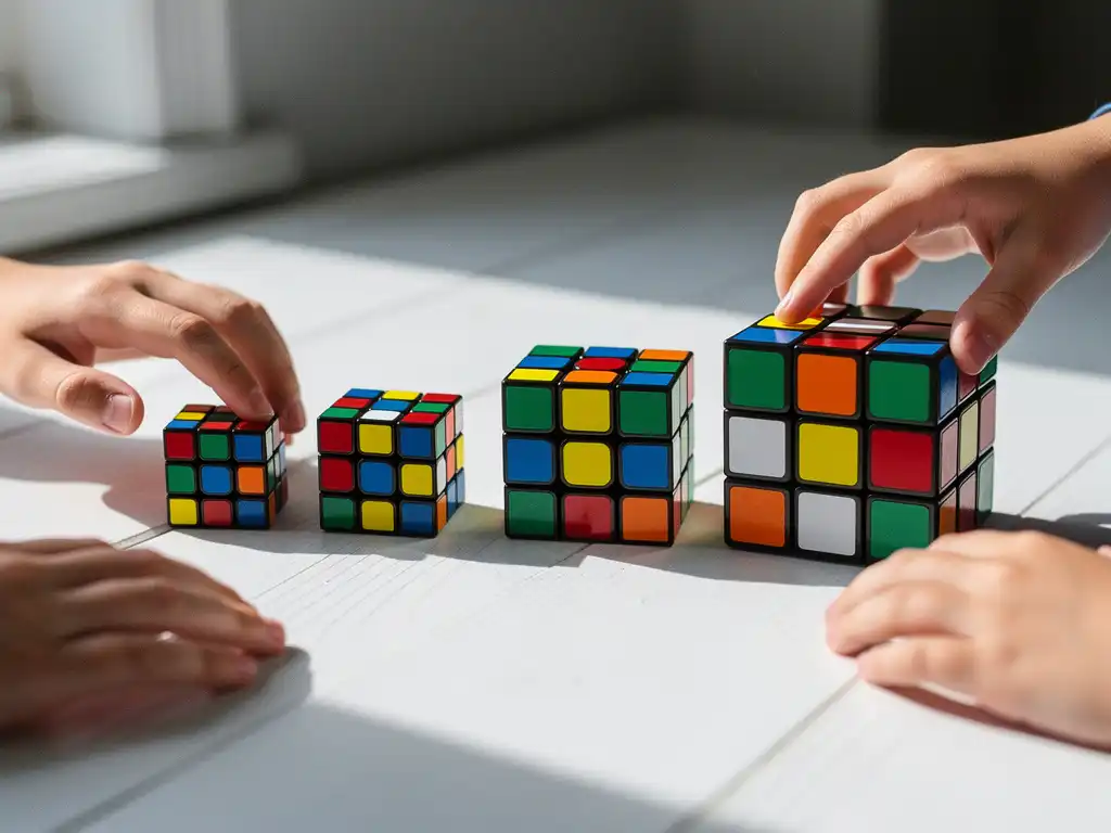 Vijf kleurrijke Rubik's kubussen in oplopende grootte op wit houten oppervlak, met handen die naar verschillende kubussen reiken