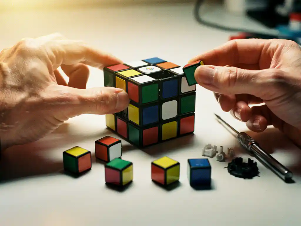 Gedemonteerde Rubik's kubus met gekleurde hoek- en randstukjes verspreid op witte werkbank, handen houden onderdeel vast