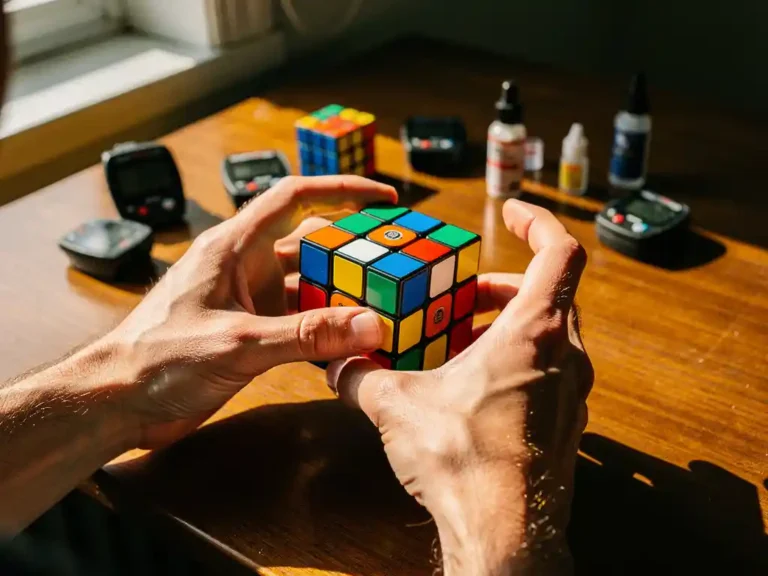 Gefrustreerde handen van speedcuber worstelen met gedeeltelijk opgeloste Rubik's kubus op houten bureau met timers en smeermiddelen
