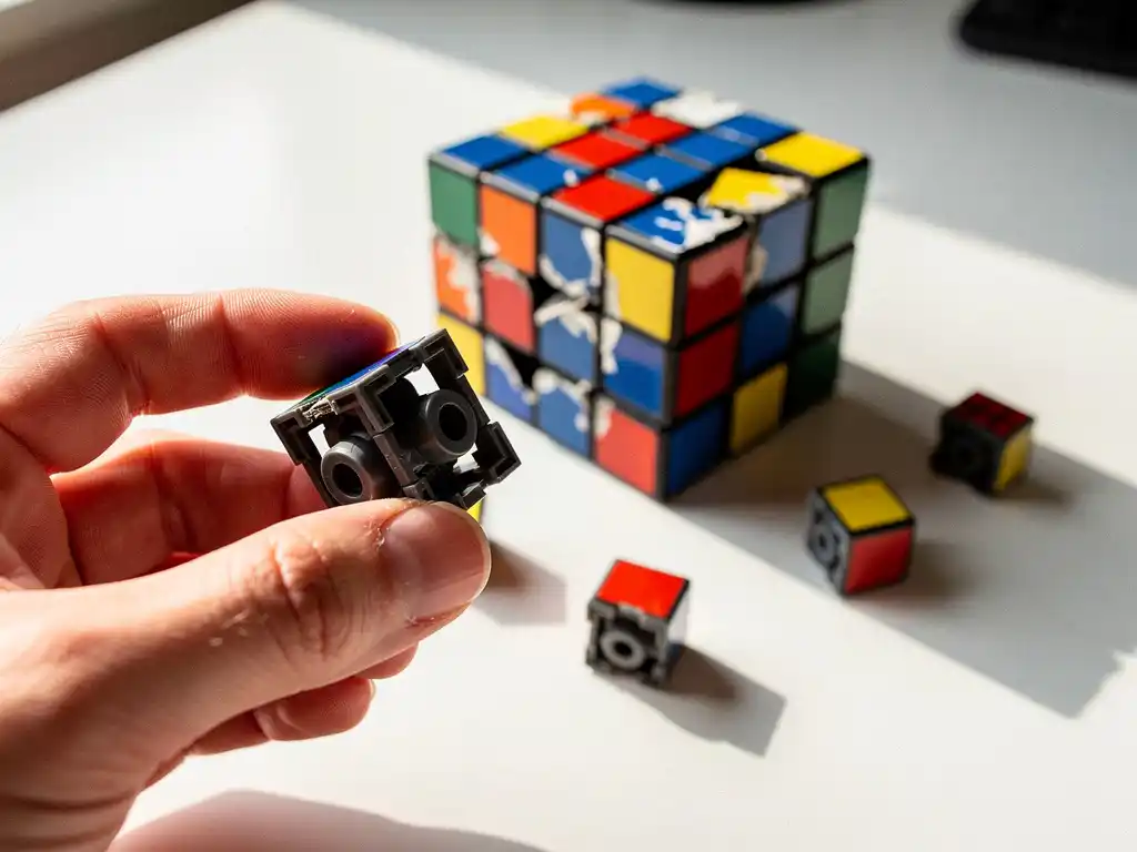 Gedeeltelijk gedemonteerde Rubik's kubus met afpellende stickers en verspreide onderdelen op wit bureau, hoekstuk tussen vingers toont intern mechanisme
