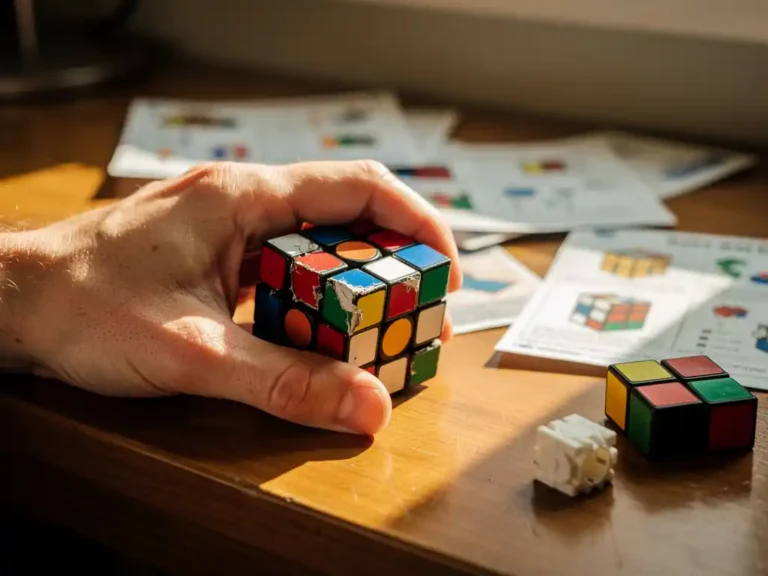 Hand houdt beschadigde Rubik's kubus vast met afbladderende stickers op houten bureau met handleidingen en losse onderdelen