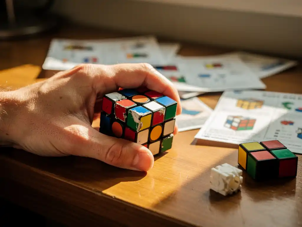 Hand houdt beschadigde Rubik's kubus vast met afbladderende stickers op houten bureau met handleidingen en losse onderdelen