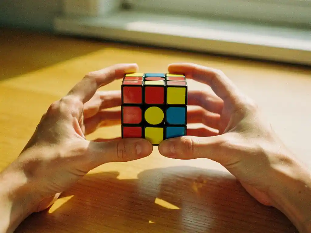 Handen houden klassieke Rubik's kubus met rode zijde opgelost boven houten bureau in natuurlijk licht