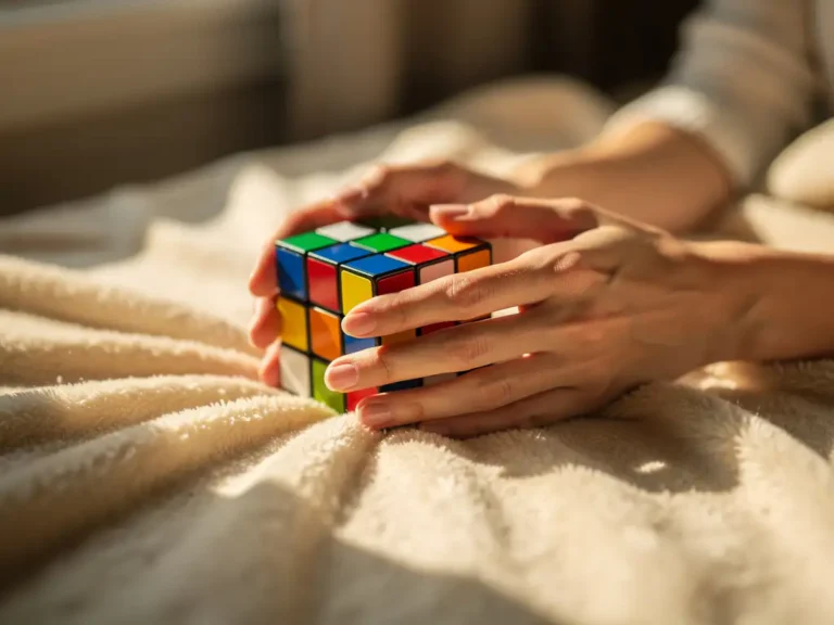 Handen draaien kleurrijke Rubik's kubus op crème deken in warm zonlicht