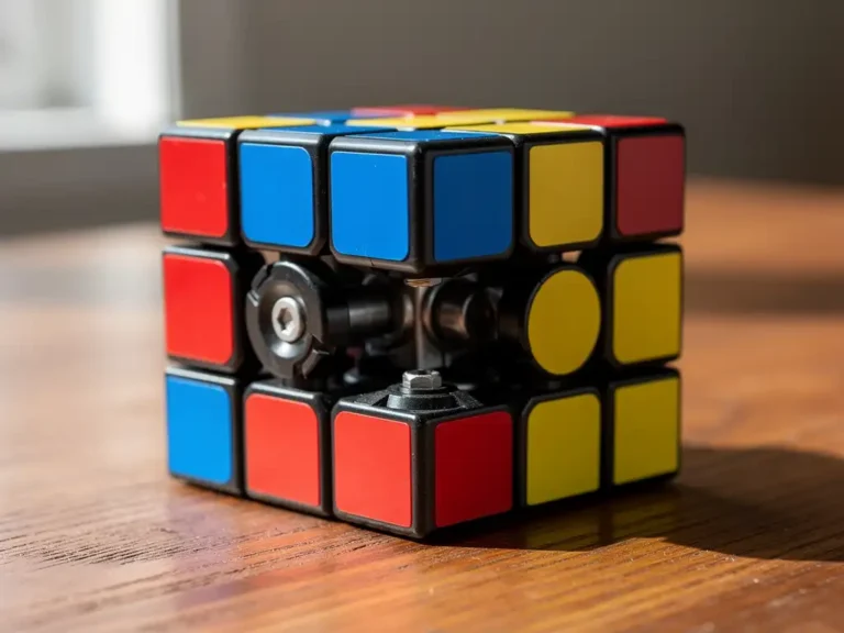 Rubik's kubus op houten oppervlak met gedraaide hoek die interne mechanisme toont, zachte natuurlijke belichting