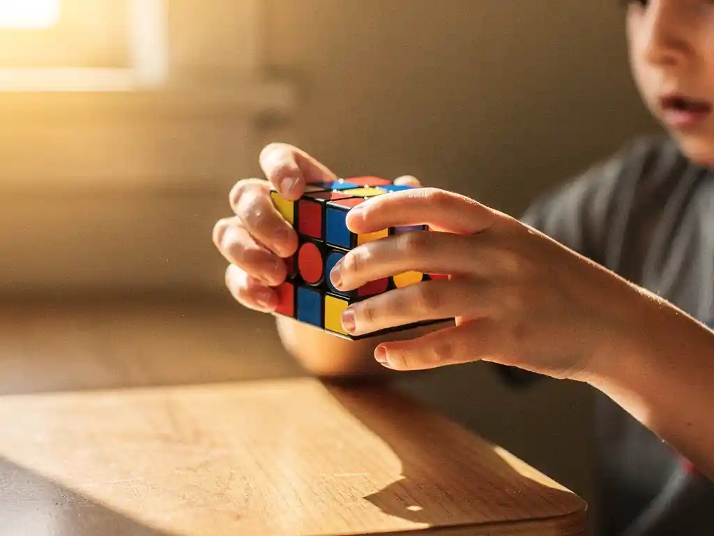 Kind draait geconcentreerd aan kleurrijke Rubik's kubus met rode, blauwe en gele vlakken aan houten bureau bij raam