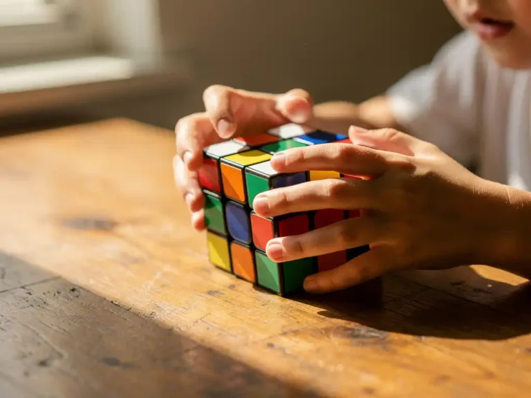 Kinderhanden draaien kleurrijke Rubik's kubus met witte, rode, blauwe, groene, oranje en gele vlakken op houten bureau