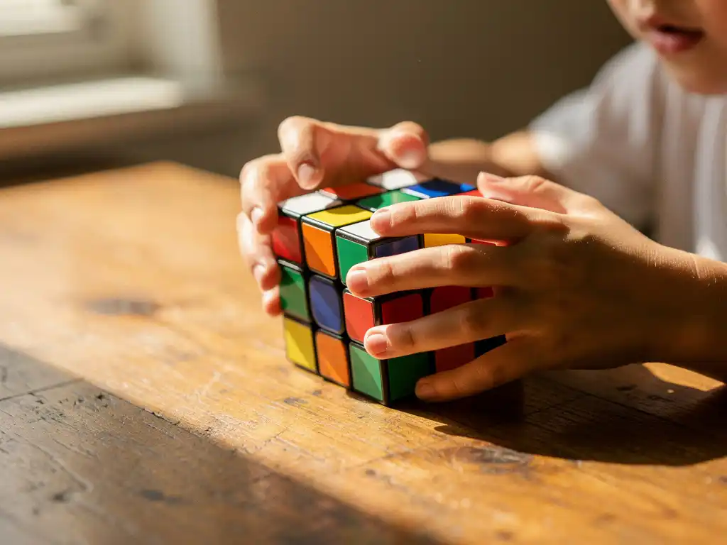 Kinderhanden draaien kleurrijke Rubik's kubus met witte, rode, blauwe, groene, oranje en gele vlakken op houten bureau
