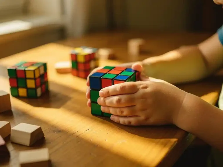 Kinderhanden houden kleurrijke Rubik's kubus vast aan houten tafel met puzzelspeelgoed in warm zonlicht