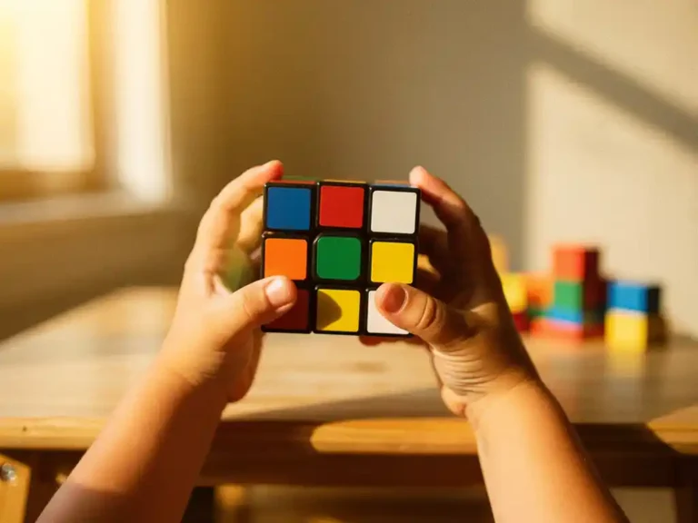 Kind houdt kleurrijke Rubik's kubus vast aan houten speeltafel met warm zonlicht