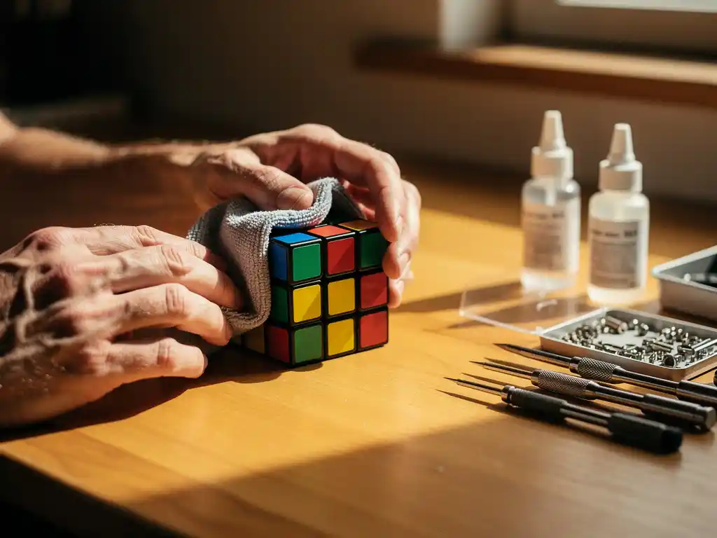 Handen reinigen klassieke Rubik's kubus met microvezeldoek op houten werkbank met schroevendraaiers en smeermiddel