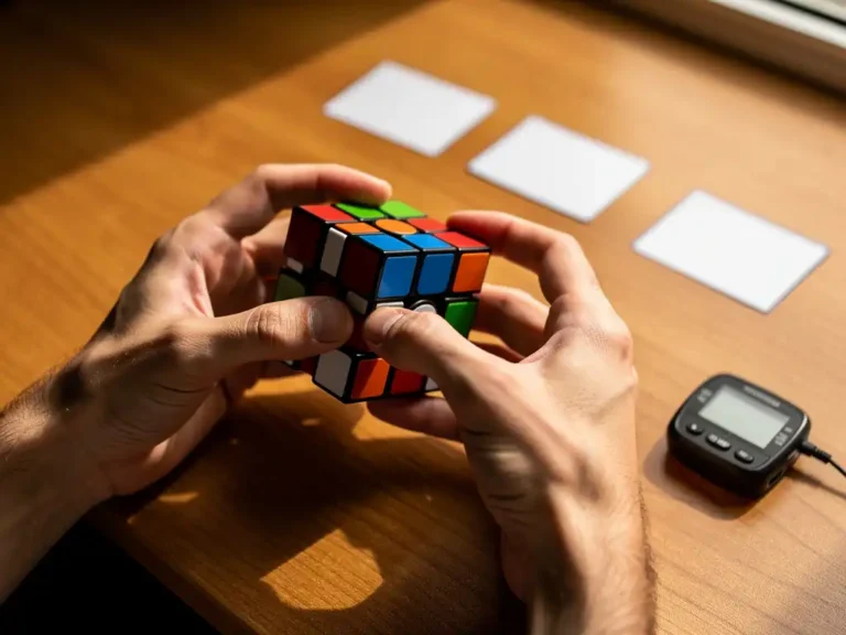 Handen lossen een kleurrijke Rubik's kubus op met witte stukken uitgelijnd, algoritmekaarten en speedcube timer op houten bureau