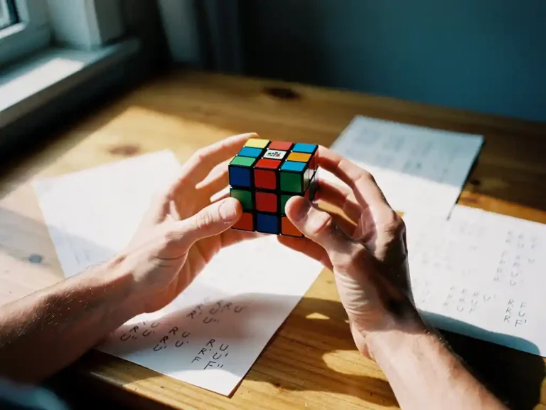 Handen die een kleurrijke Rubik's kubus vasthouden boven houten bureau met algoritme-aantekeningen in zacht daglicht