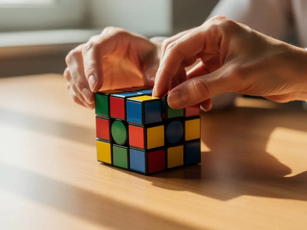 Handen plaatsen laatste kleurrijke blokje in bijna voltooide Rubik's kubus op houten bureau, warme natuurlijke belichting