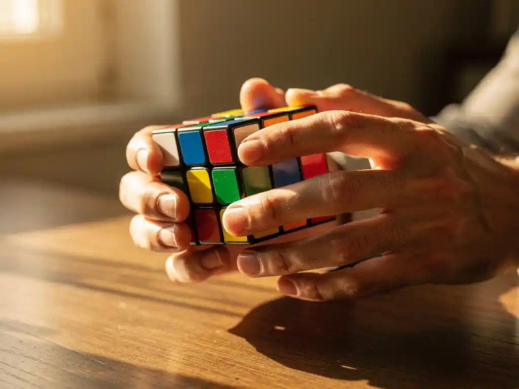 Handen die een Rubik's kubus vasthouden tijdens het oplossen, met gemengde kleuren en één voltooide zijde op houten bureau