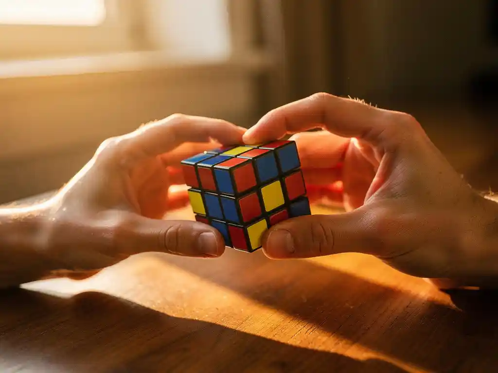 Handen houden een Rubik's kubus vast tijdens het oplossen op een houten bureau met warm natuurlijk licht