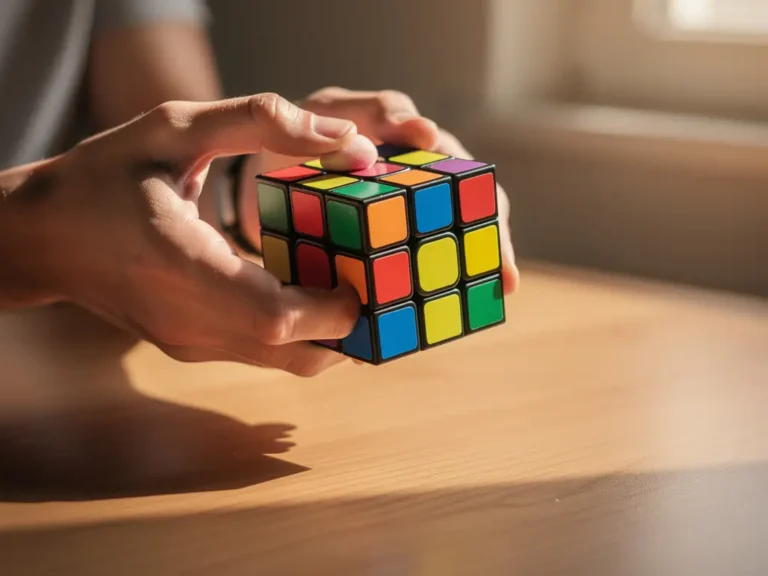 Handen die een opgeloste Rubik's kubus vasthouden met perfect uitgelijnde gekleurde vlakken op houten bureau
