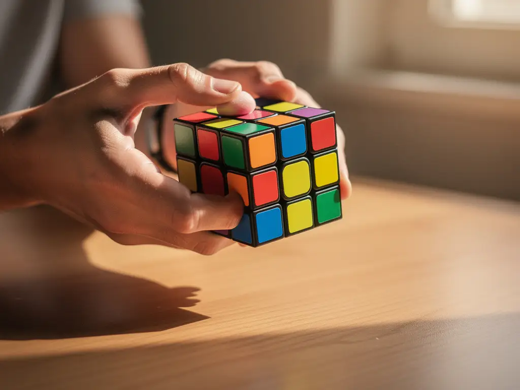 Handen die een opgeloste Rubik's kubus vasthouden met perfect uitgelijnde gekleurde vlakken op houten bureau