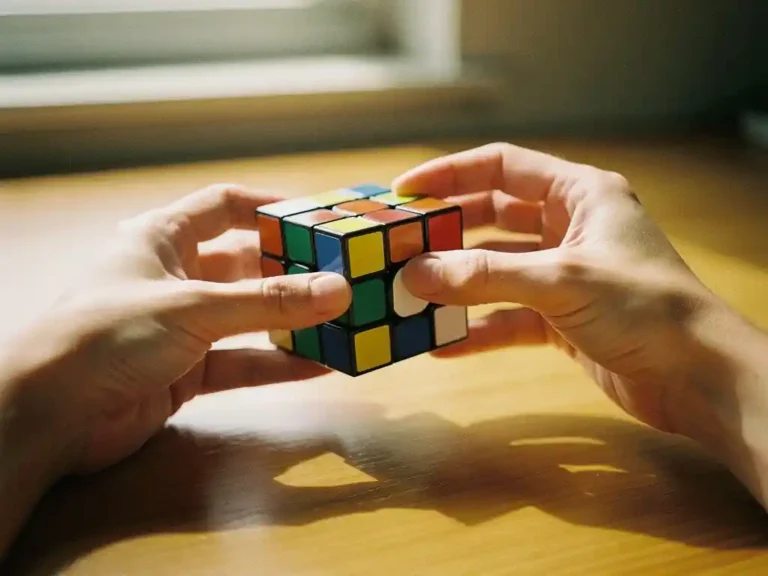 Handen die een Rubik's kubus vasthouden tijdens het oplossen op een houten bureau met natuurlijk licht