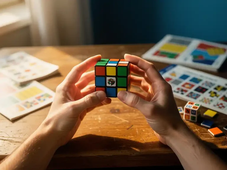Handen houden Rubik's kubus boven houten bureau met puzzelboekjes en stickers in zacht daglicht