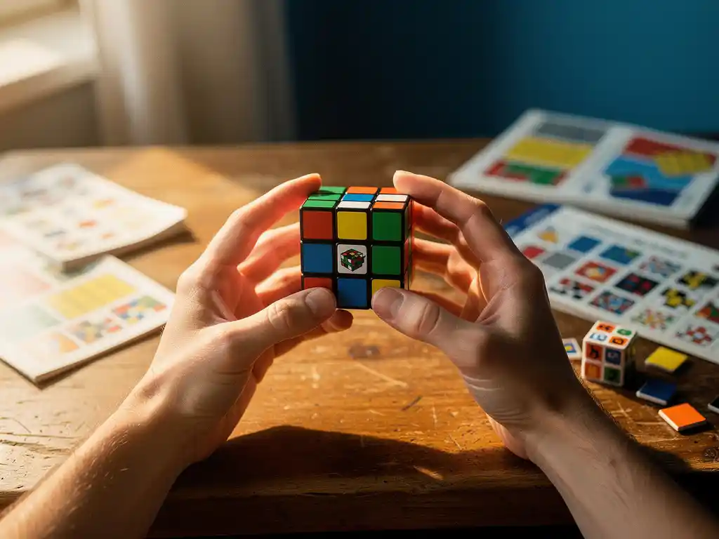 Handen houden Rubik's kubus boven houten bureau met puzzelboekjes en stickers in zacht daglicht