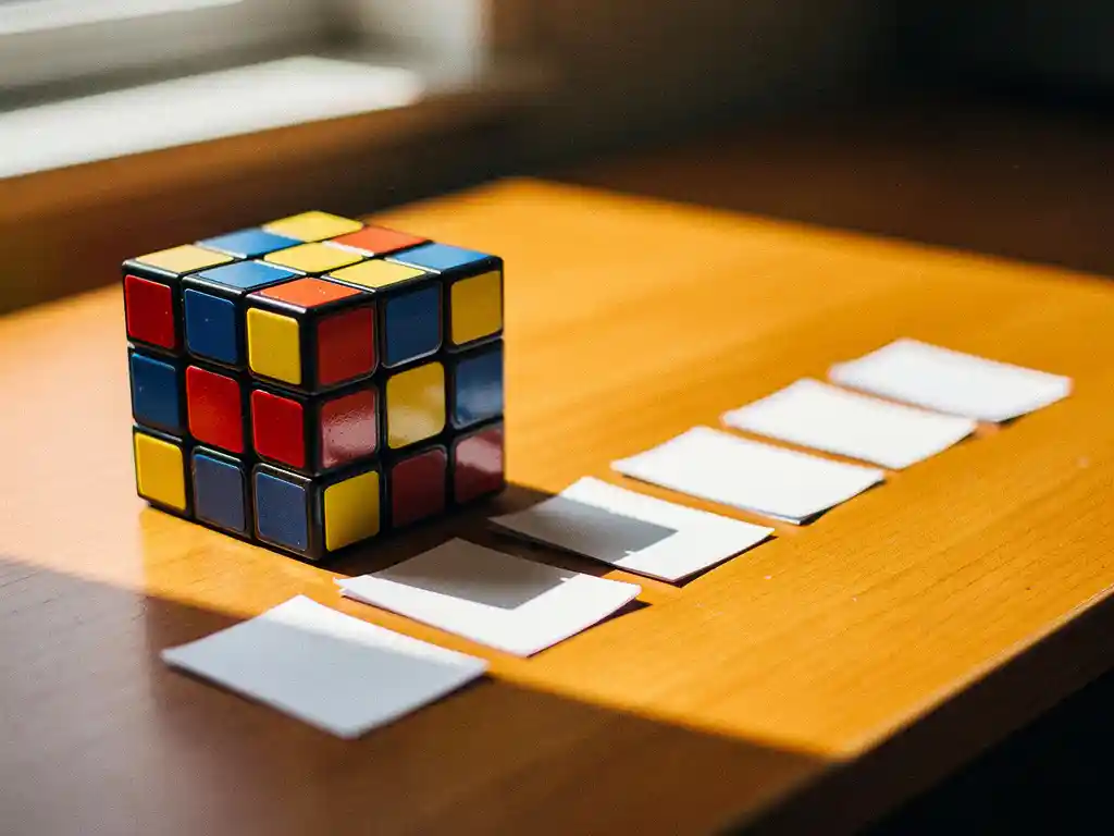 Gedeeltelijk opgeloste Rubik's kubus op houten bureau met zeven genummerde kaarten in rij, natuurlijk zonlicht door raam