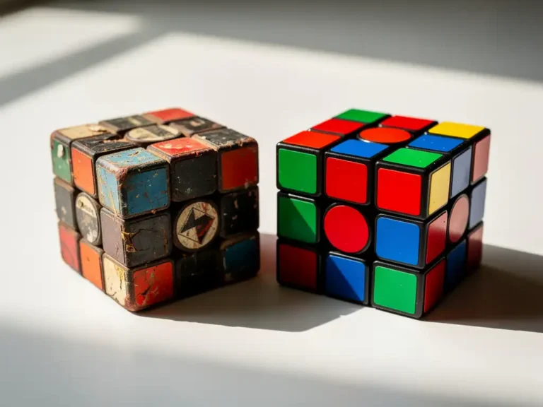 Twee Rubik's kubussen naast elkaar, één versleten met vervaagde stickers, de andere nieuw met levendige kleuren