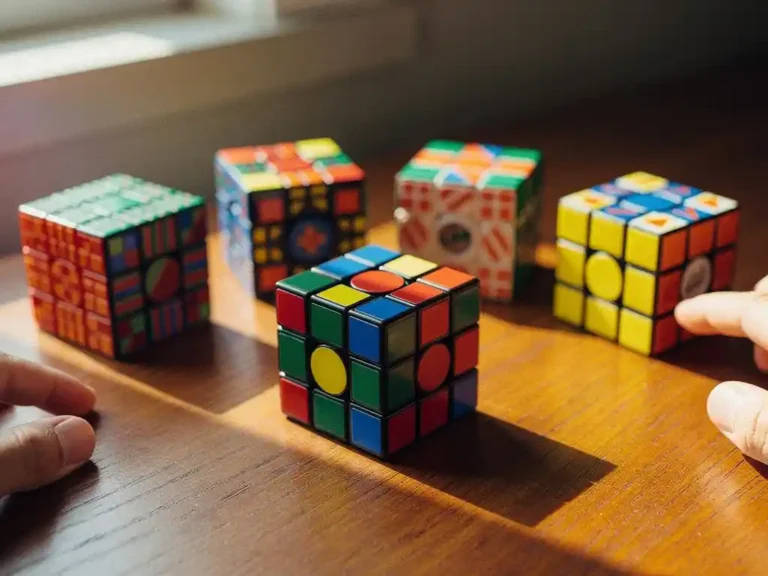 Zeven kleurrijke kubuspuzzels in boog gerangschikt op warme houten ondergrond met klassieke Rubik's kubus centraal vooraan