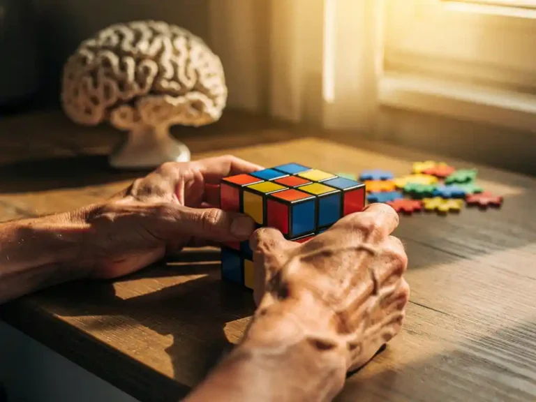 Handen die een kleurrijke Rubik's kubus draaien op houten bureau met puzzelstukjes en koraalbeeldje op achtergrond