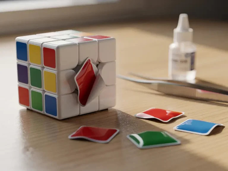 Gedeeltelijk gedemonteerde Rubik's kubus met loslaten kleurige stickers, pincet en lijm op houten bureau