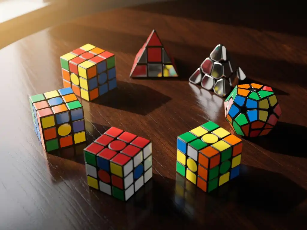 Zeven verschillende Rubik's kubus varianten gerangschikt in een perfecte cirkel op donker hout met levendige kleuren