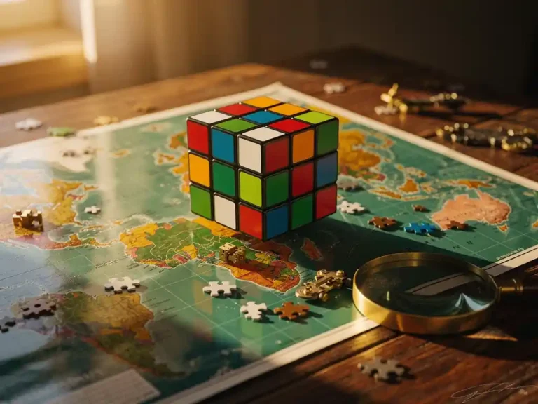 Rubik's kubus zweeft boven wereldkaart op houten bureau met puzzelstukjes en vergrootglas in gouden licht